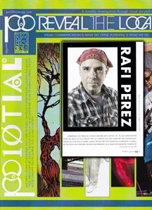 Magazine cover featuring a portrait of a man named Rafi Perez, with a bright green background and various artistic images around the edges.