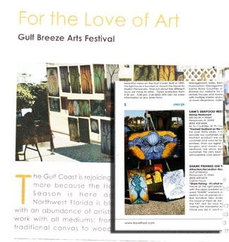 A promotional image for the Gulf Breeze Arts Festival, featuring text about the event and artistic works displayed at the festival.