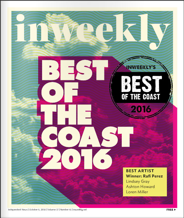 Cover of Inweekly magazine featuring the title 'Best of the Coast 2016', with colorful graphics and cloud patterns. Highlights include the Best Artist award winner Rafi Perez.