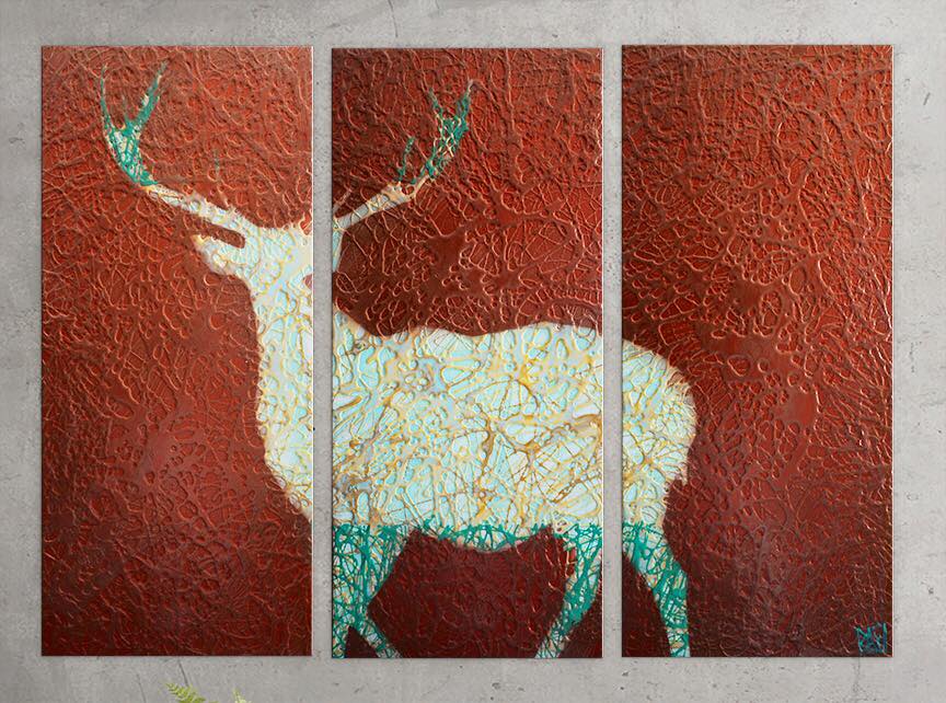 Abstract artwork of a white deer on a textured red background, displayed in a triptych format.
