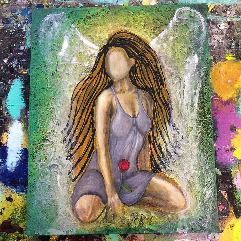 A woman with long hair kneels, holding a red rose, depicted in a painterly style with abstract colors in the background.