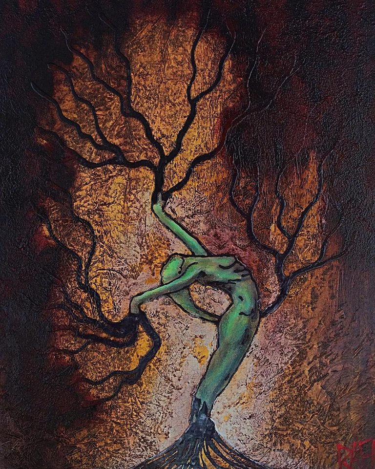 Abstract painting of a dancer intertwined with tree branches, featuring a green figure against a textured dark background.