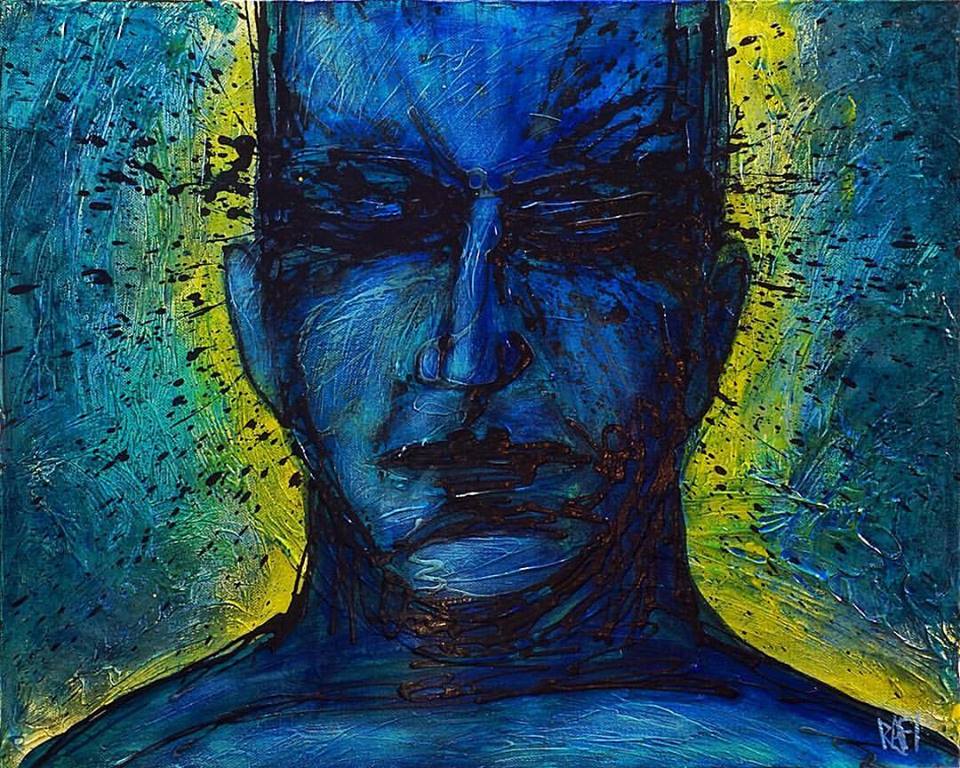 An abstract painting of a blue-skinned figure with a stern expression, set against a textured background of blue and yellow hues.
