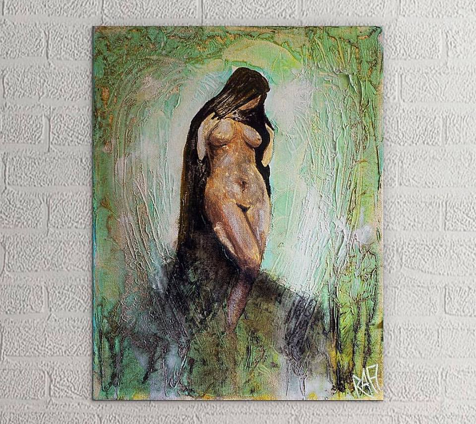 A painting depicting a nude female figure partially draped, standing against a textured green and white background.
