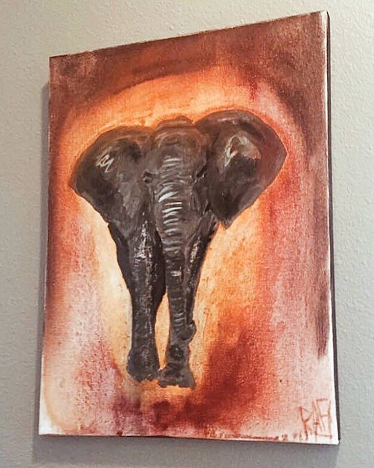 Painting of an elephant against a warm background in shades of orange and brown.
