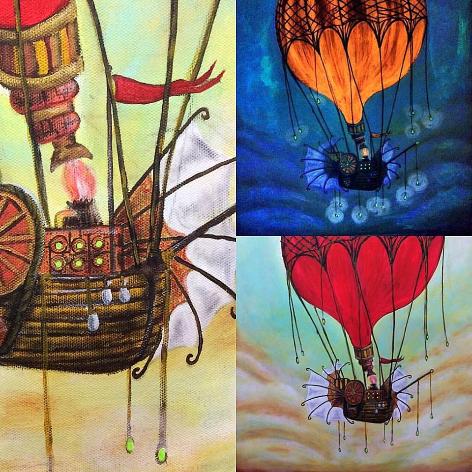 A triptych of paintings featuring hot air balloons with intricate designs, one includes a vibrant orange balloon, another features a red balloon, and the third showcases a steampunk-style balloon with detailed mechanical elements.