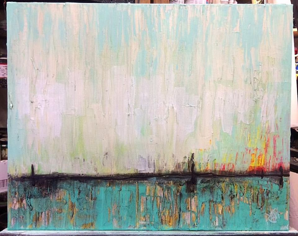 Abstract painting featuring a gradient of soft mint green and light blue hues with a darker horizontal line near the bottom, suggesting a reflection in water.