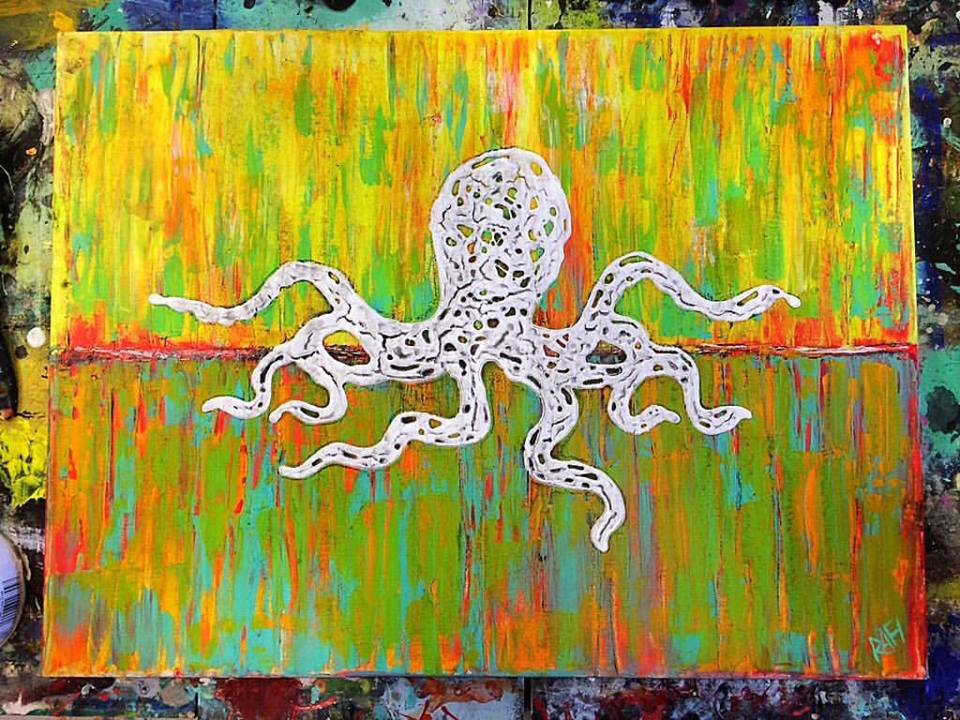 A colorful abstract painting featuring a white octopus design on a vibrant yellow, green, and orange background.