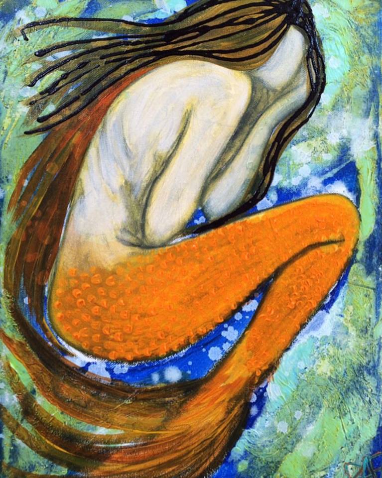 An artistic depiction of a mermaid with long flowing hair, sitting in a curled position. The mermaid has an orange tail and is set against a vibrant blue and green background, suggesting an underwater scene.