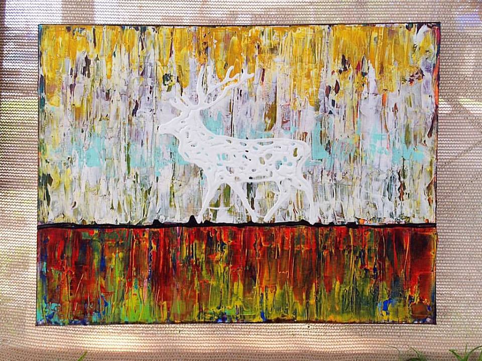 A colorful abstract painting featuring a white deer silhouette against a textured background of yellow, turquoise, and red shades.
