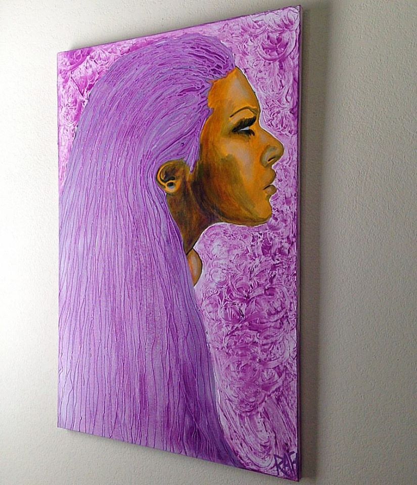 A portrait of a woman with long, purple hair against a textured pink background, showcasing a profile view of her face.