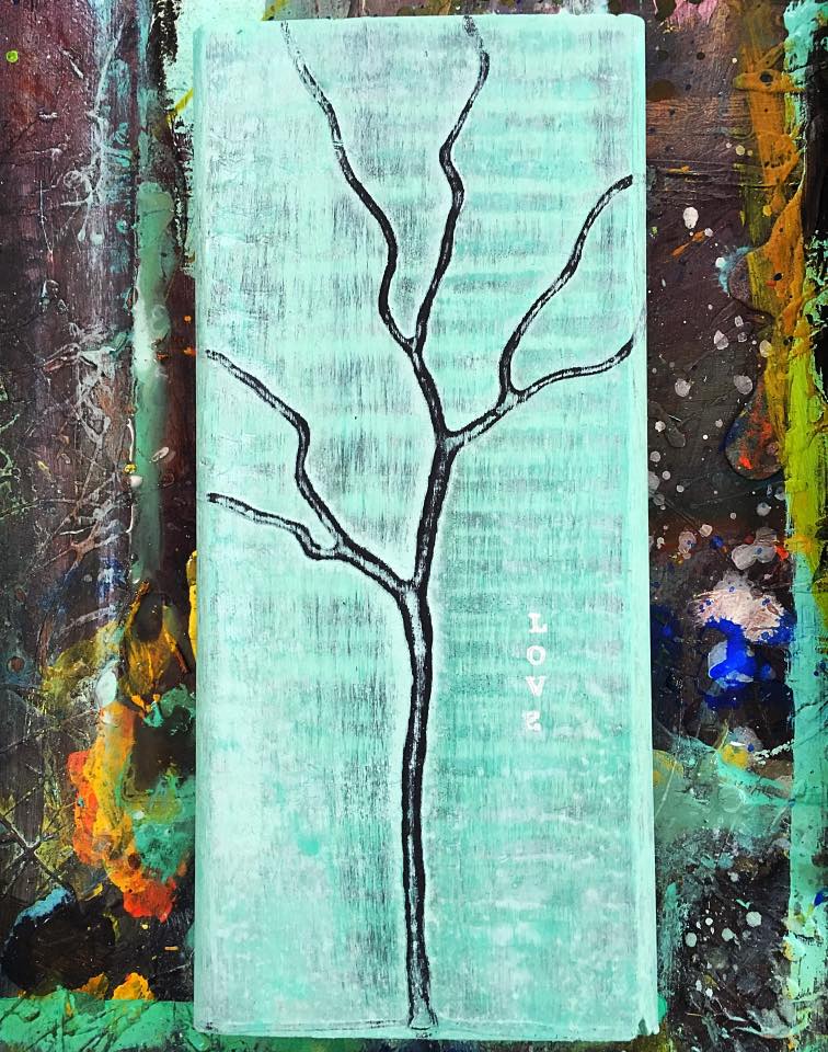 A painting featuring a black tree silhouette on a mint green background, with the word 'LOVE' inscribed in white.