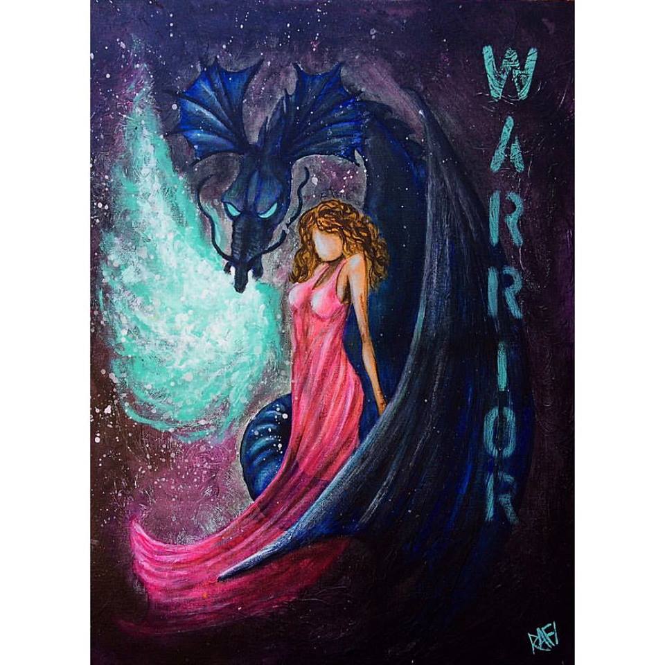 A fantasy-themed painting featuring a woman in a pink dress standing beside a blue dragon, with a glowing green aura in the background and the word 'WARRIOR' displayed prominently.