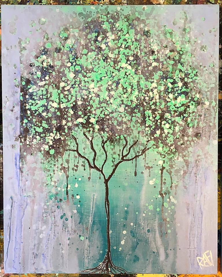 Abstract artwork featuring a tree with vibrant green leaves set against a blue and purple background.
