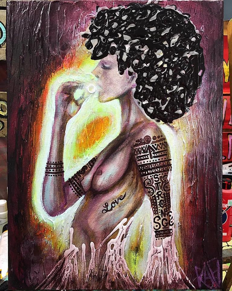 A colorful painting depicting a woman with a large, textured hairstyle, showcasing intricate patterns on her arms. The word "Love" is elegantly written on her body, surrounded by vibrant swirls of color.