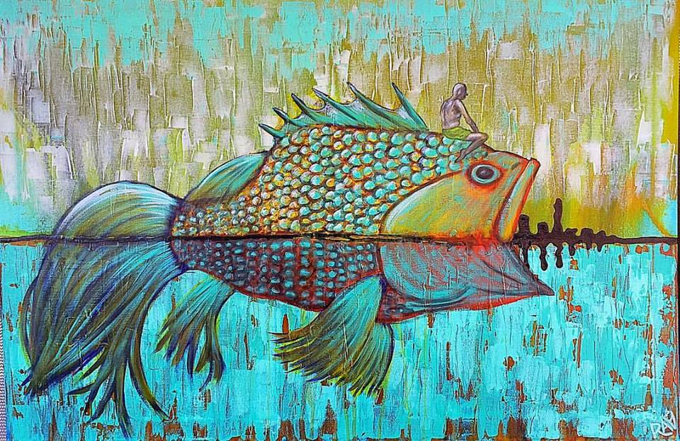 A colorful painting featuring a large fish with a person sitting on its back, reflected in a turquoise water backdrop.