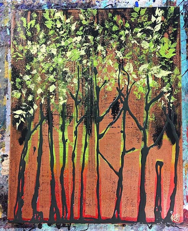 An abstract painting featuring tall, black tree trunks with vibrant green leaves and a warm brown background, blending into a gradient of red at the bottom.