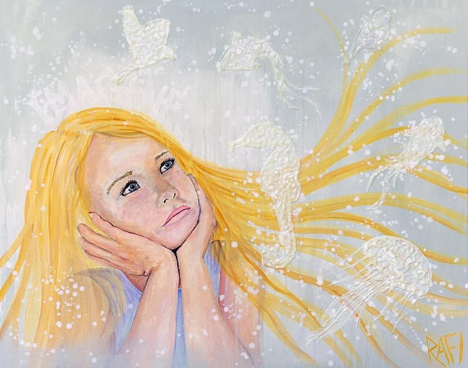 A painting of a young girl with long blonde hair resting her chin on her hands, gazing thoughtfully at a light gray background with soft jellyfish and seahorses adorning the scene.