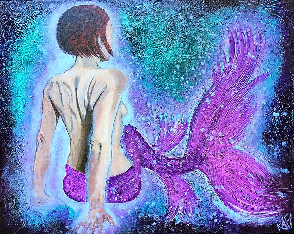 A colorful painting of a woman with short hair turning away, revealing a mermaid tail that is vibrant purple, set against a cosmic background of blues and purples.