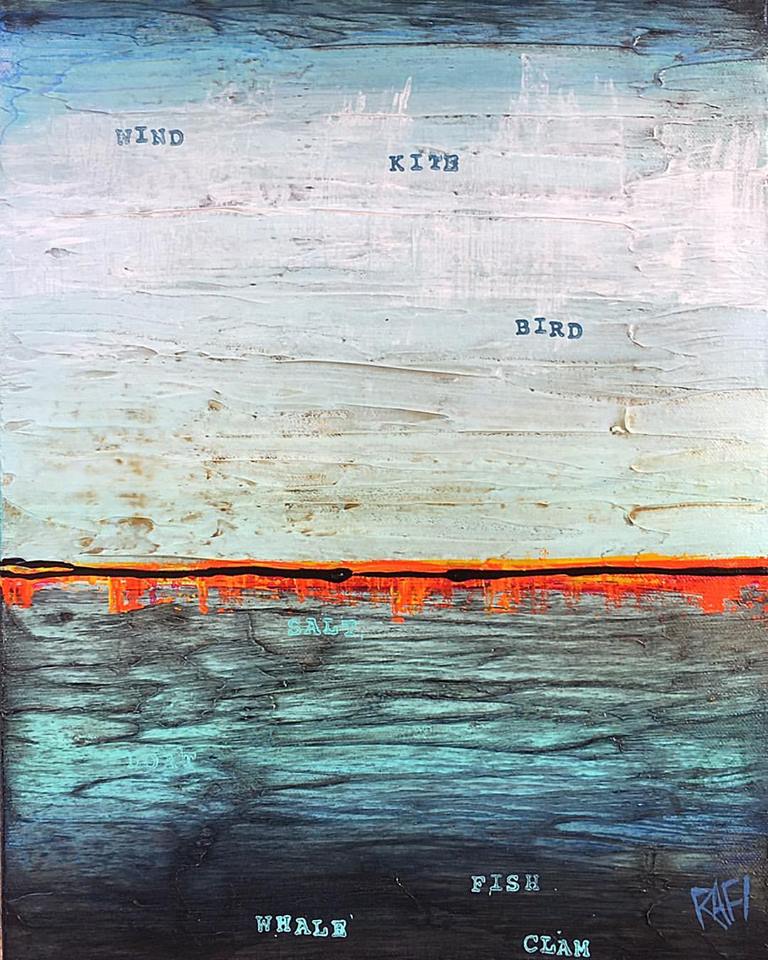 Abstract painting featuring layered colors with text elements like 'WIND', 'KITE', 'BIRD', and marine terms like 'SALT', 'FISH', 'WHAL', and 'CLAM'.