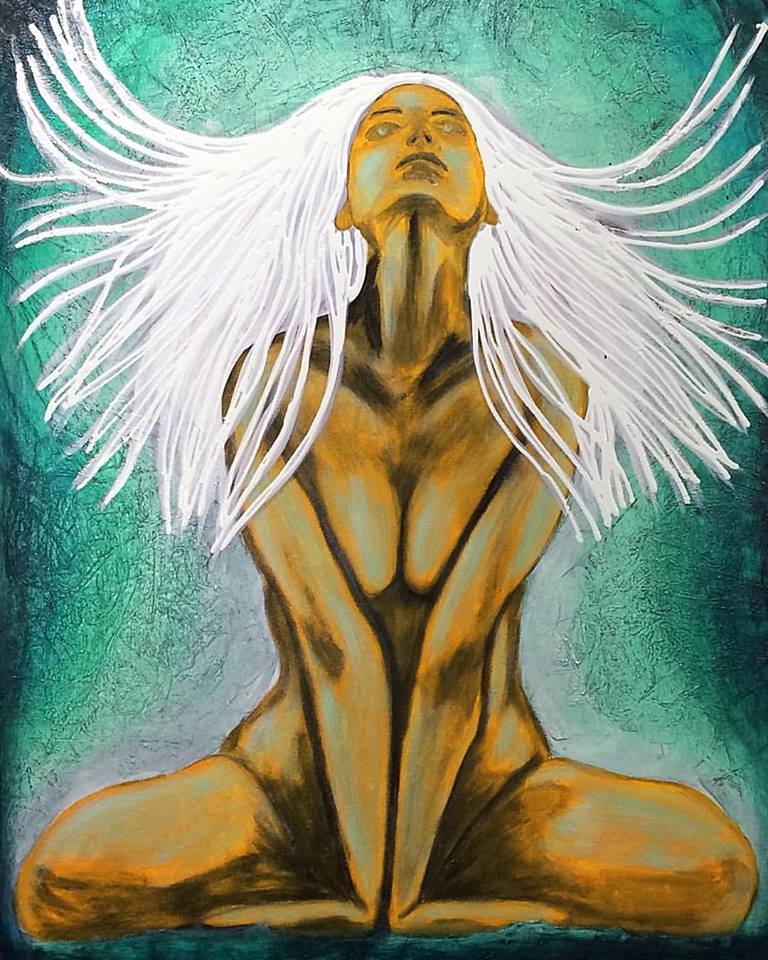 A vibrant painting featuring a woman in a strong, dynamic pose, with flowing white hair and a golden skin tone against a textured teal background.