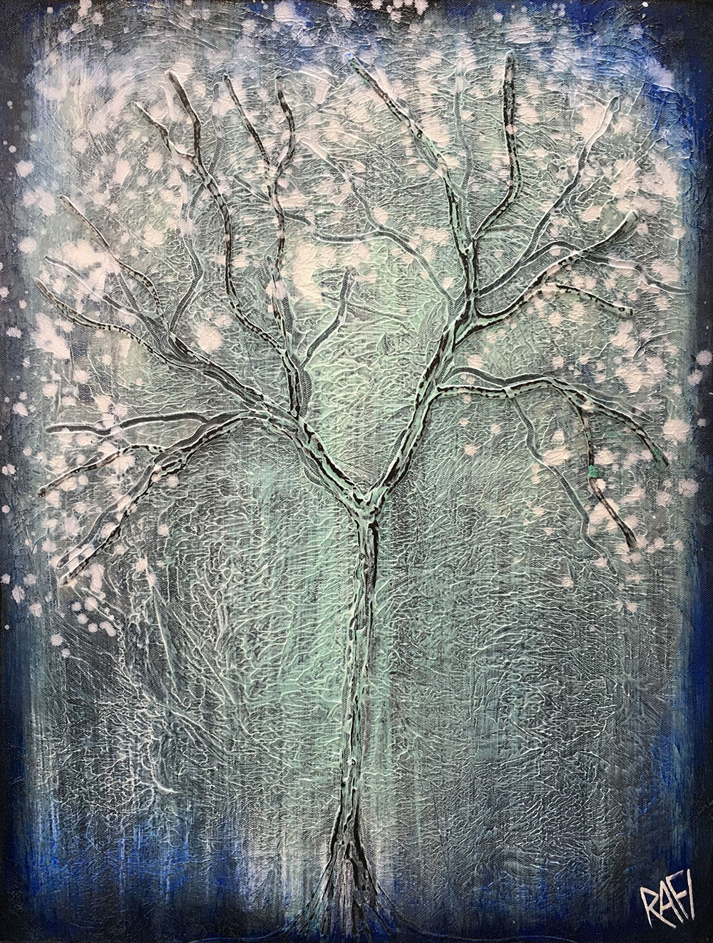 Magic Seasons Winter Tree Textured Original Painting by artist Rafi Perez on Canvas 18X24