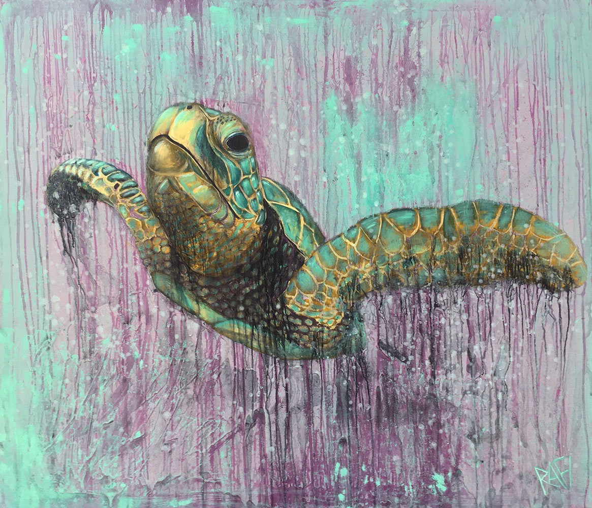 Artwork of a green sea turtle swimming against a vibrant turquoise and purple background with dripping paint effects.