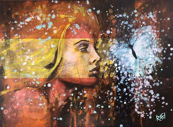 A mixed media artwork featuring a woman's profile with flowing blonde hair, surrounded by colorful splashes and an ethereal butterfly.