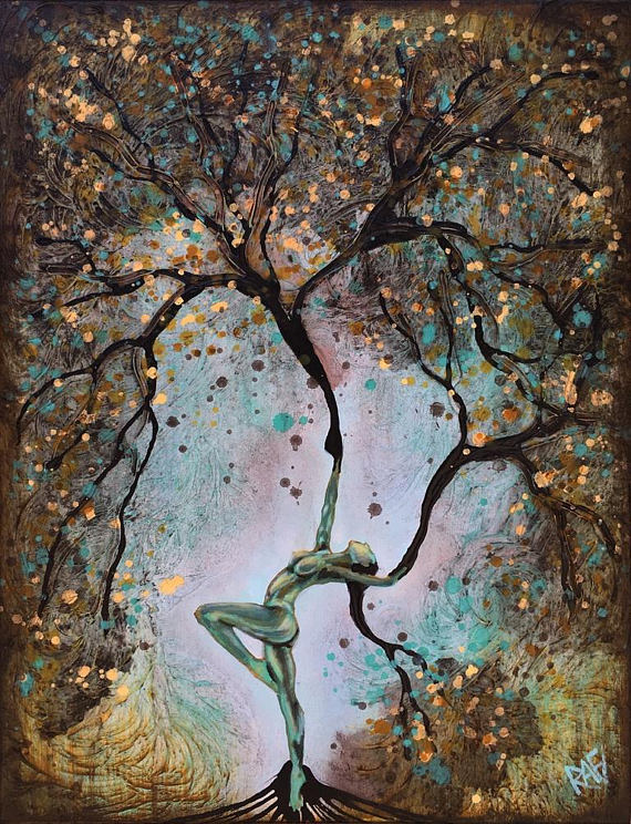 A stylized depiction of a tree with a human figure gracefully positioned, harmoniously blending nature and the human form. The artwork features rich, earthy tones with blue and golden accents, enhancing the visual appeal.