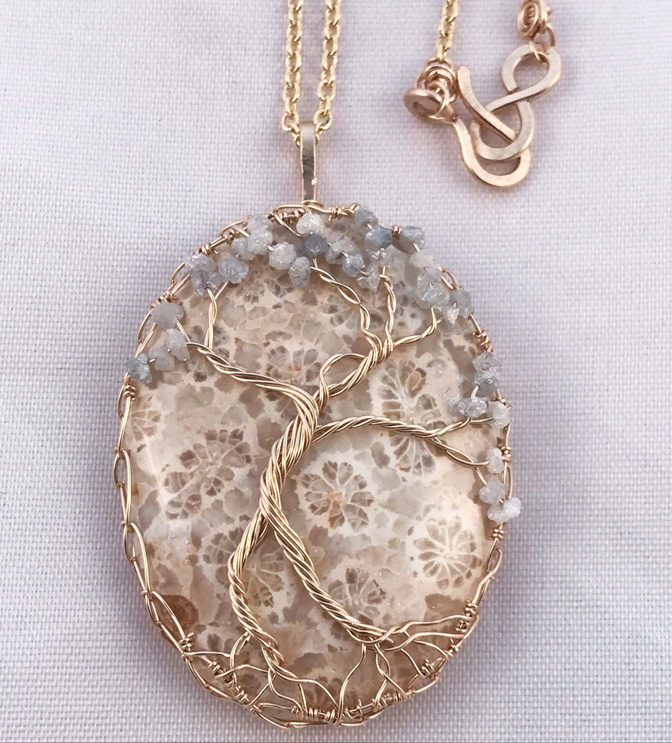 Tree Of Life Pendant Necklace - Lady Tree - 14k Yellow Gold Filled - Fossilized Coral - Genuine Grey White Diamonds - First Bloom