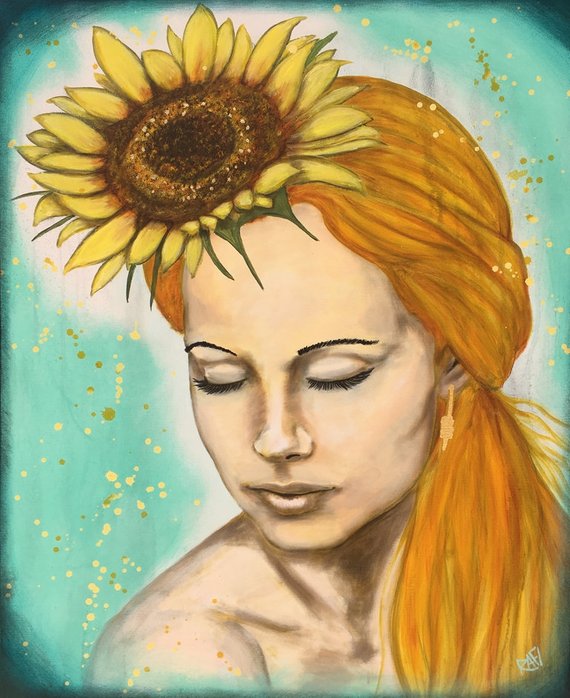 A portrait of a young woman with orange hair adorned with a sunflower, her eyes closed and a serene expression against a turquoise background with golden specks.