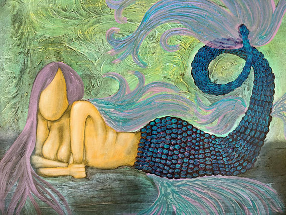 A stylized painting of a mermaid with long purple hair lounging gracefully, featuring a colorful tail with scales and flowing, abstract waves in the background.