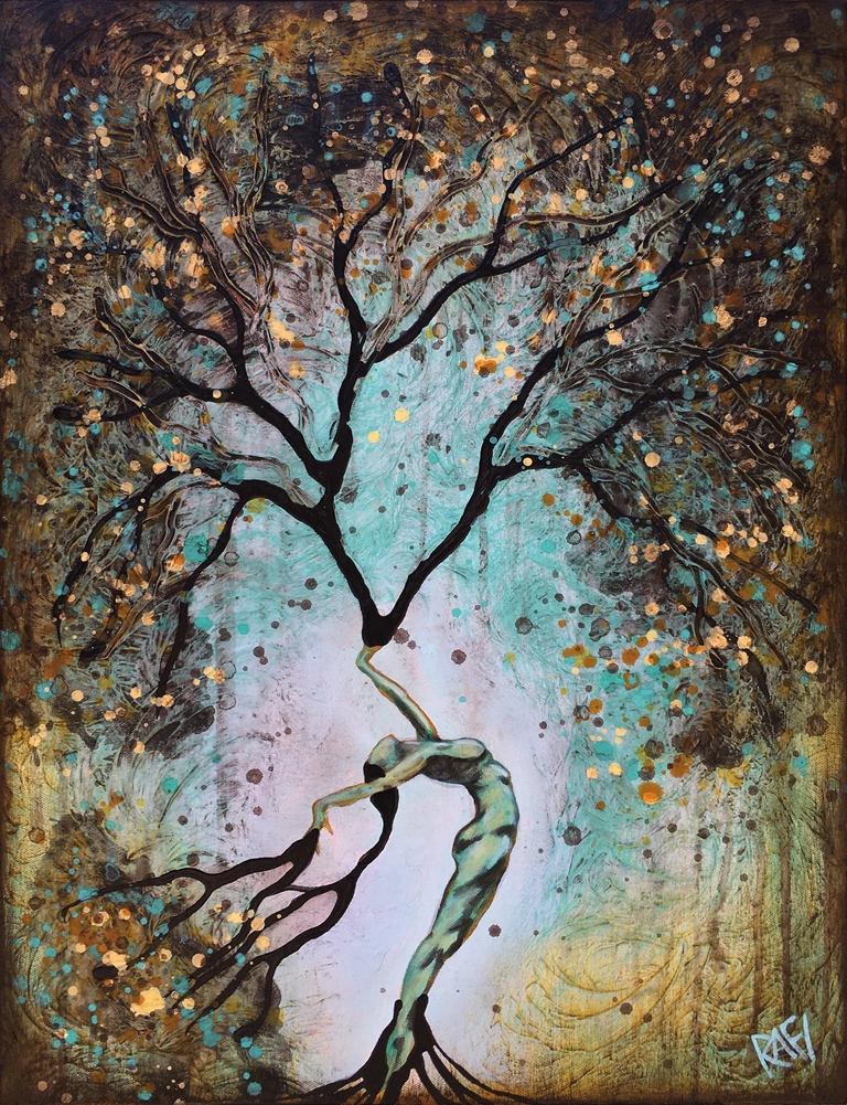 A stylized painting featuring a tree with a flexible trunk and branches blending into human forms, adorned with colorful dots against a textured background.