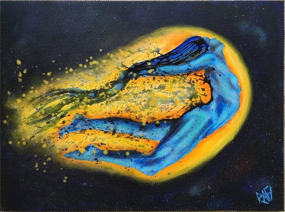 A vibrant abstract painting featuring a figure in blue and yellow hues, depicted against a dark background with splashes of color, evoking a sense of motion and energy.