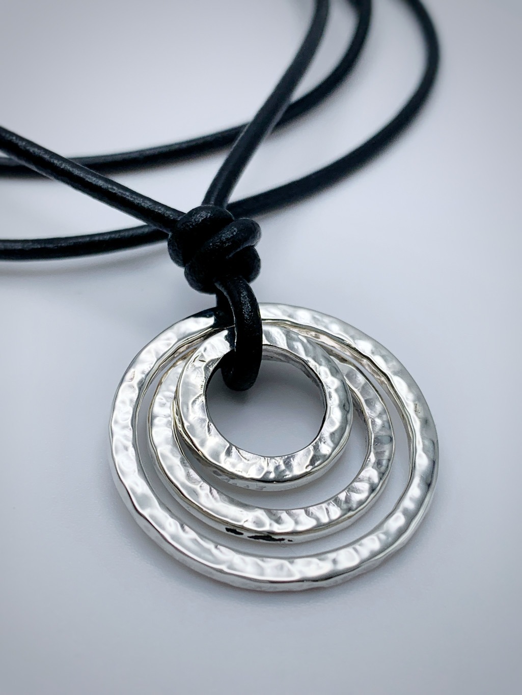 Men's Three Circle Necklace / Solid Sterling Silver / Rustic Hammer Forged Circles / Adjustable Leather Cord - Image 2