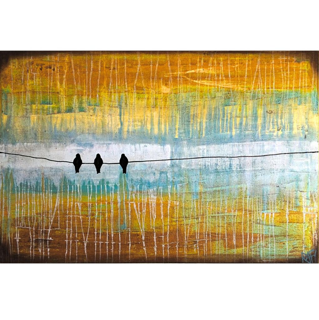 Three silhouetted birds perched on a wire, against a colorful abstract background featuring shades of orange, blue, and green.