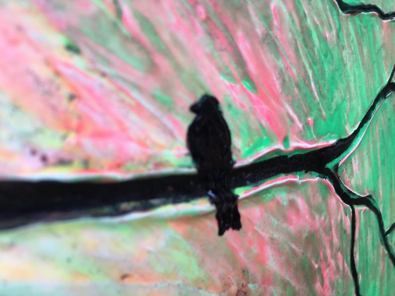 Glow Tree Bird - Glow In The Dark - Textured Original Painting By Rafi Perez Mixed Medium on Canvas 30X30 - Image 6