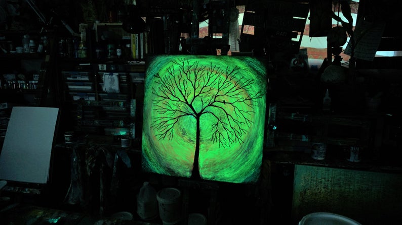 Glow Tree Bird - Glow In The Dark - Textured Original Painting By Rafi Perez Mixed Medium on Canvas 30X30 - Image 2