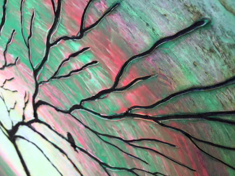 Glow Tree Bird - Glow In The Dark - Textured Original Painting By Rafi Perez Mixed Medium on Canvas 30X30 - Image 3
