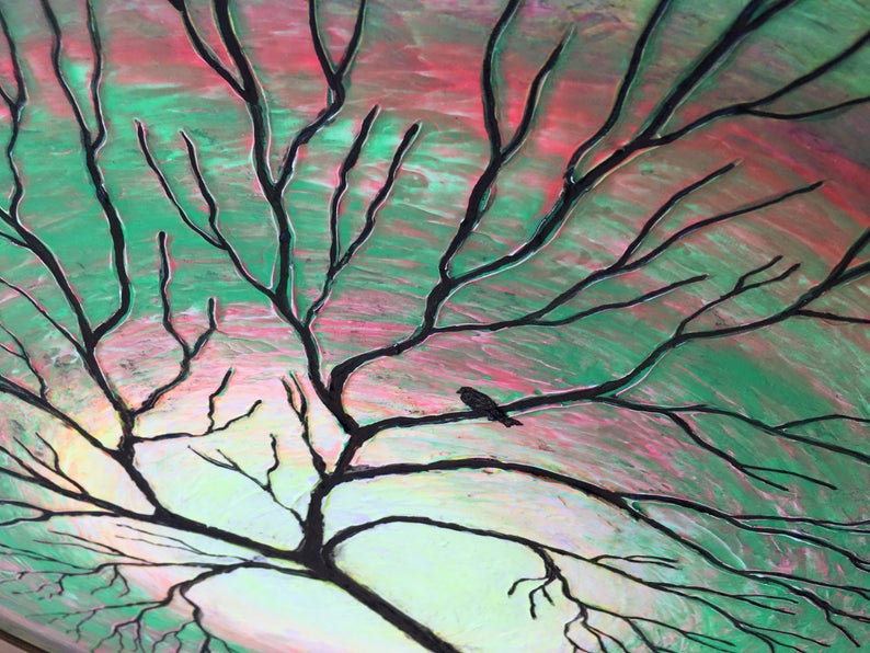 Glow Tree Bird - Glow In The Dark - Textured Original Painting By Rafi Perez Mixed Medium on Canvas 30X30 - Image 4