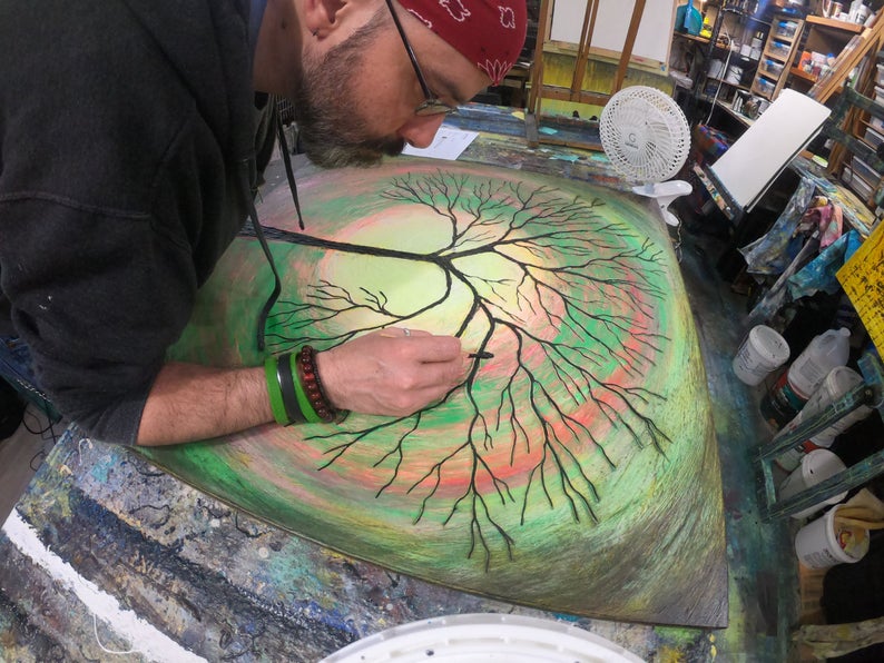 Glow Tree Bird - Glow In The Dark - Textured Original Painting By Rafi Perez Mixed Medium on Canvas 30X30 - Image 5