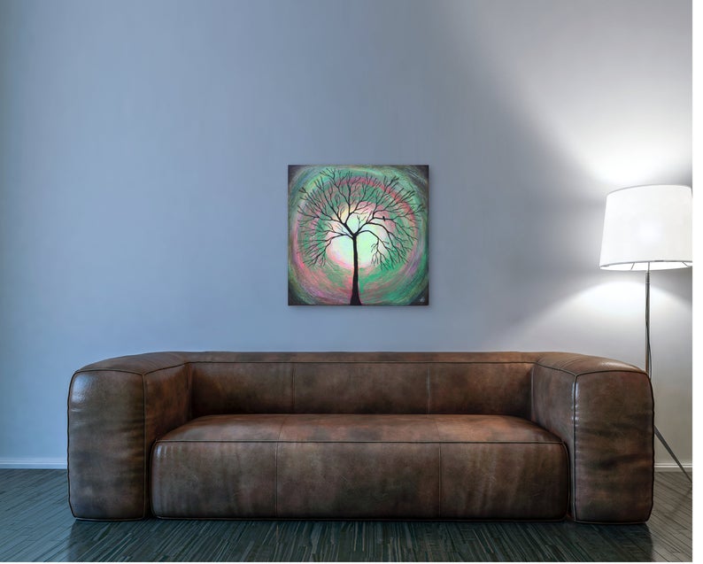 Glow Tree Bird - Glow In The Dark - Textured Original Painting By Rafi Perez Mixed Medium on Canvas 30X30 - Image 8