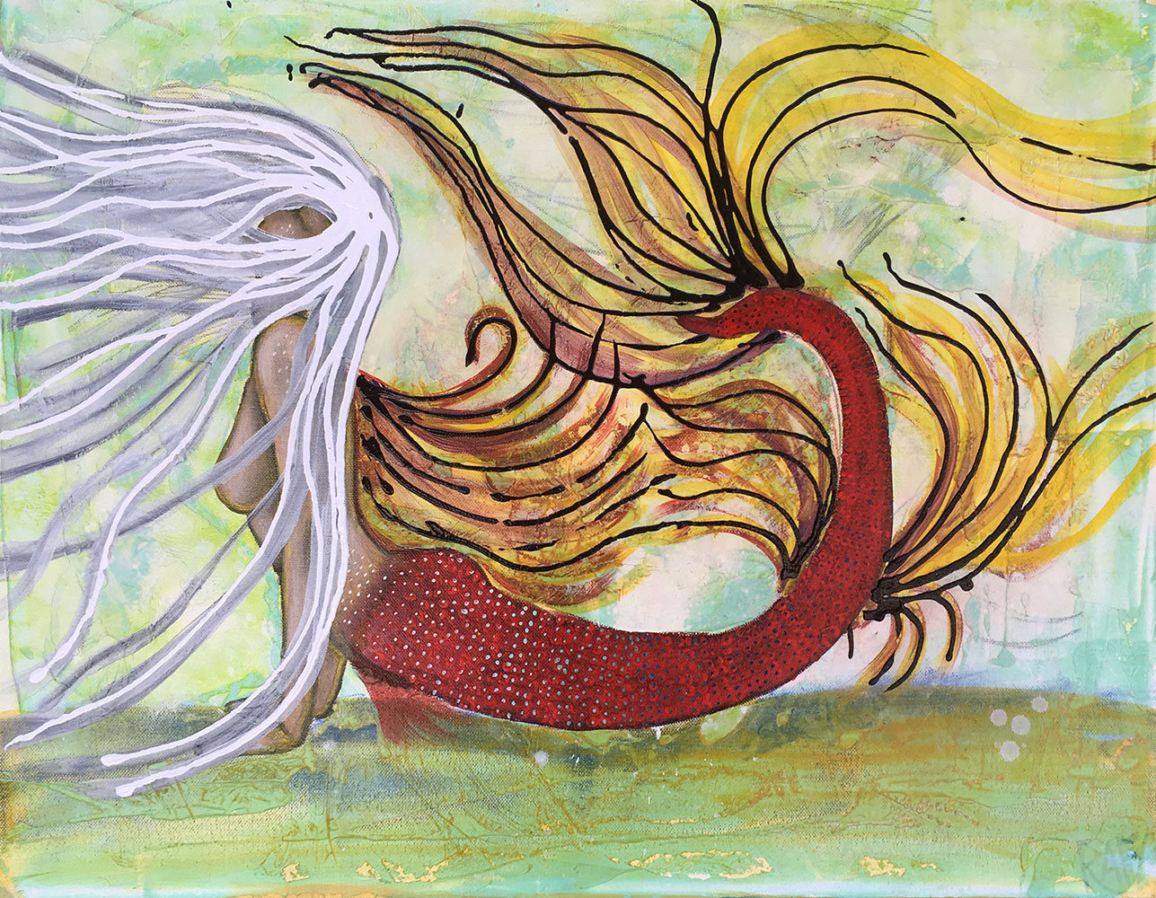 Abstract Mermaid Original Painting By Artist Rafi Perez Mixed Medium on Canvas 18X24 - Image 3