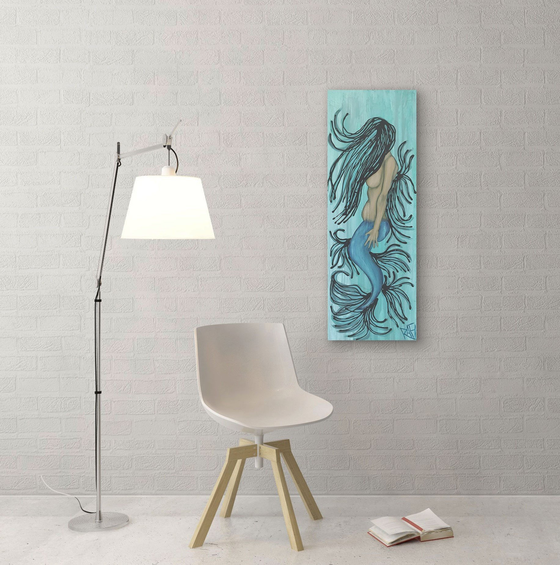 Blue Mermaid Original Painting By Artist Rafi Perez Mixed Medium on Canvas 12X36