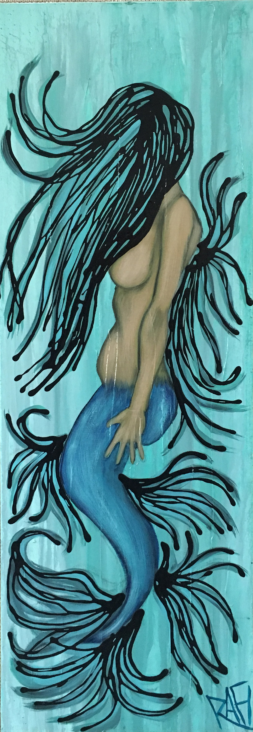Blue Mermaid Original Painting By Artist Rafi Perez Mixed Medium on Canvas 12X36 - Image 2