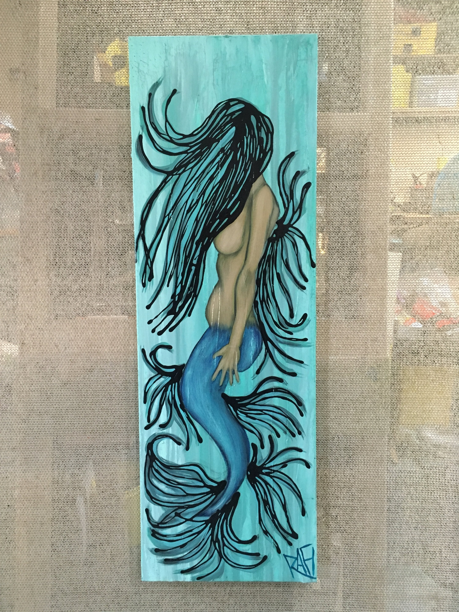 Blue Mermaid Original Painting By Artist Rafi Perez Mixed Medium on Canvas 12X36 - Image 3
