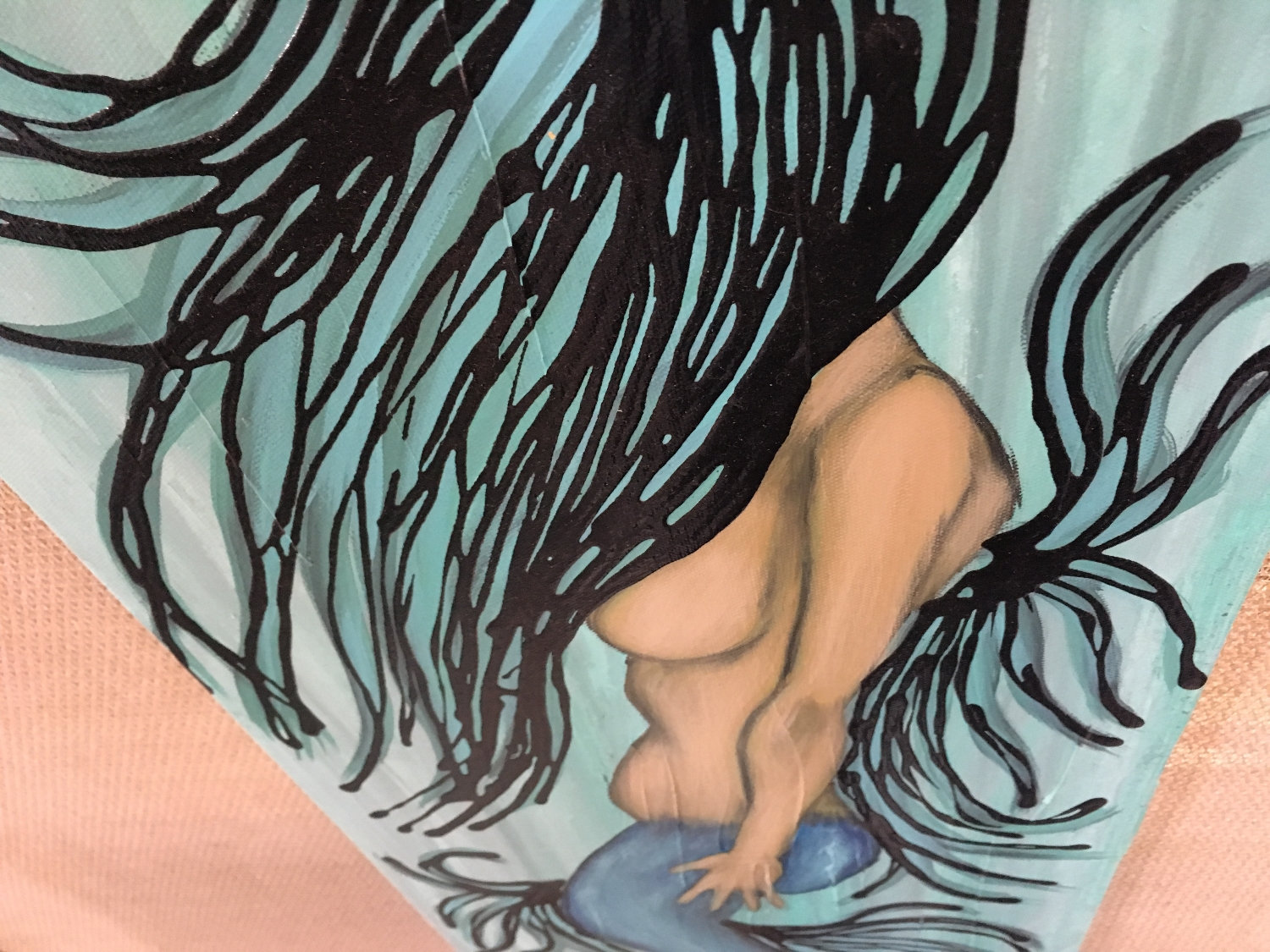 Blue Mermaid Original Painting By Artist Rafi Perez Mixed Medium on Canvas 12X36 - Image 4