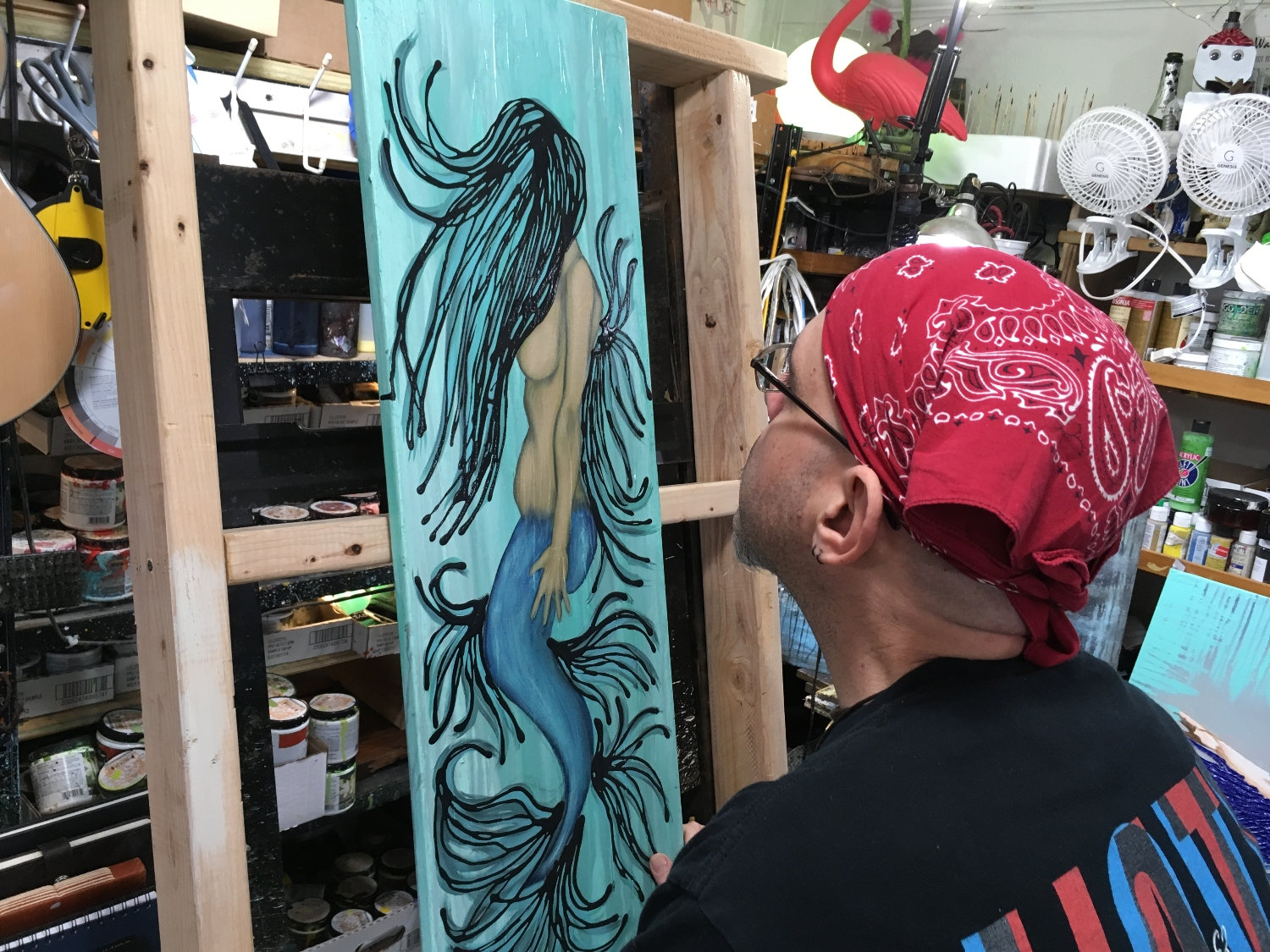 Blue Mermaid Original Painting By Artist Rafi Perez Mixed Medium on Canvas 12X36 - Image 6