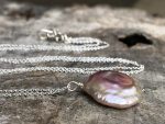 Blush Pink Pearl Pendant Necklace / Solid Sterling Silver / Large Single Baroque Freshwater Coin Pearl
