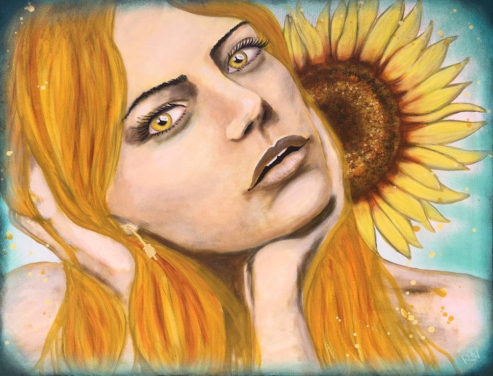 10 – Bright Golden Sunflower Original Painting By Artist Rafi Perez Mixed Medium And Gold Leaf On Canvas 24×30